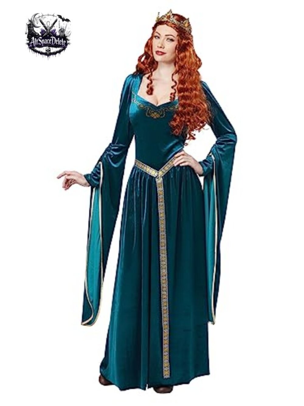 Medieval Lady Guinevere Costume Long Dress Flared Sleeves Belt Crown